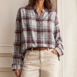 Filson Shelton Banded Collar Shirt Gray Plum Plaid Button Up Cotton Size Large